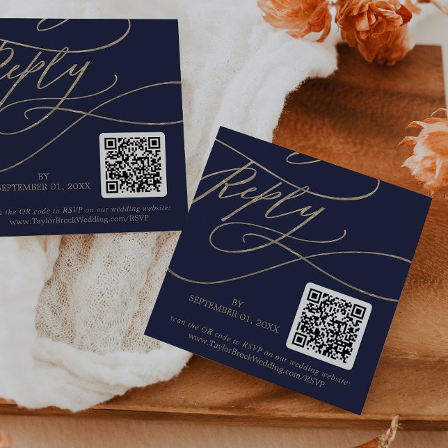 Romantic Gold and Navy QR Code Wedding RSVP Enclosure Card (Creator Uploaded)