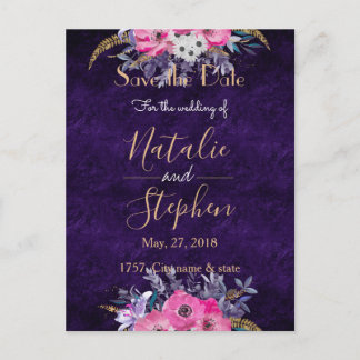 Romantic gold and purple floral wedding collection announcement postcard