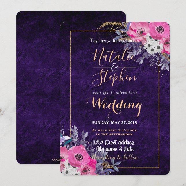 Romantic gold and purple floral wedding collection invitation (Front/Back)