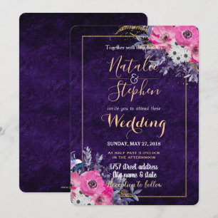 Romantic gold and purple floral wedding collection invitation