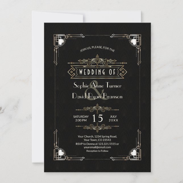 Romantic Gold Black Great Gatsby Art Deco Wedding Invitation (Front)