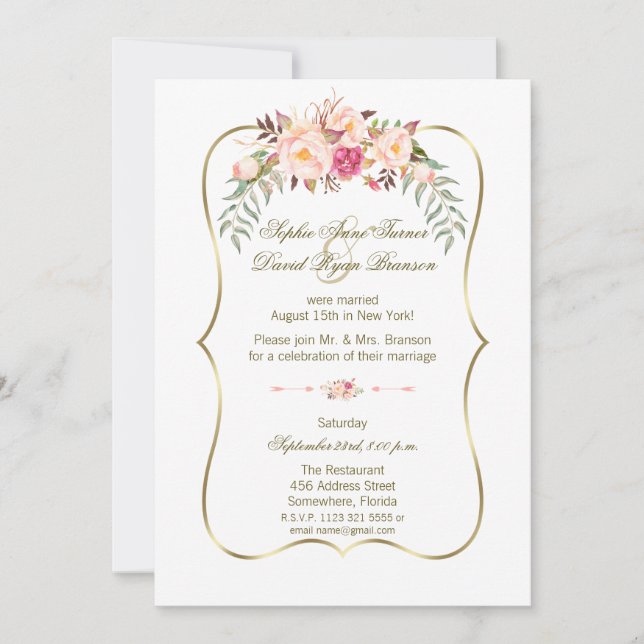 Romantic Gold Blush Pink Floral Wedding Evening Invitation (Front)