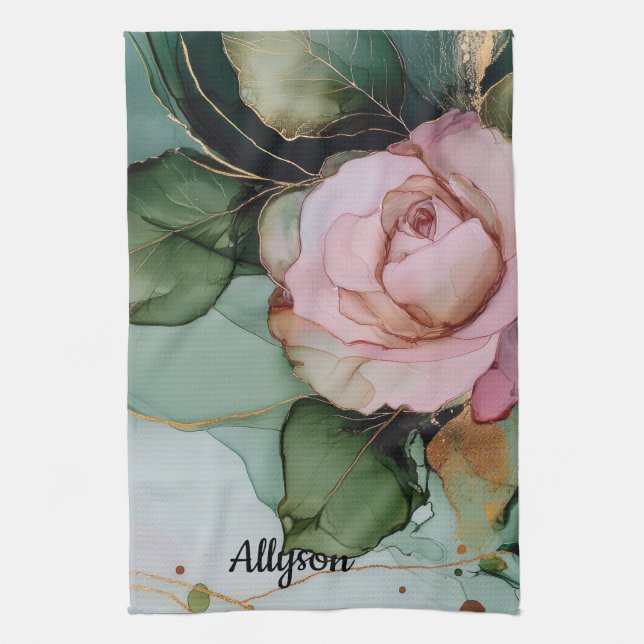 Romantic Gold Blush Pink Rose Floral Bridal shower Tea Towel (Vertical)