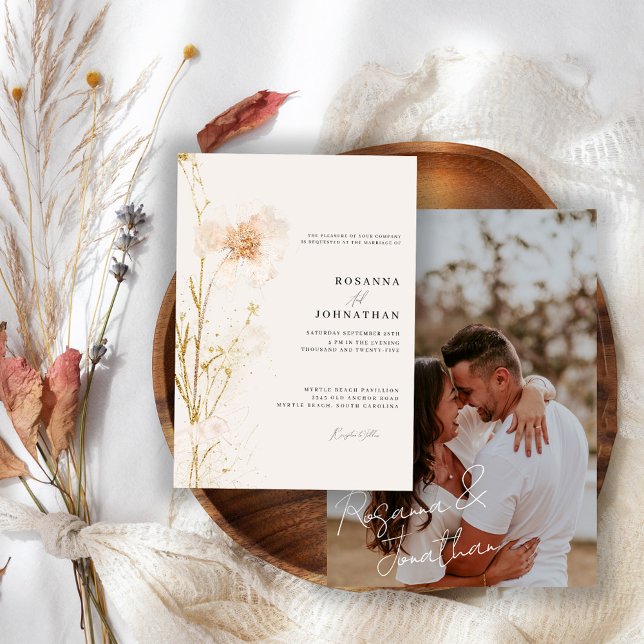 Romantic Gold & Blush Pressed Flowers Wedding  Invitation (Creator Uploaded)