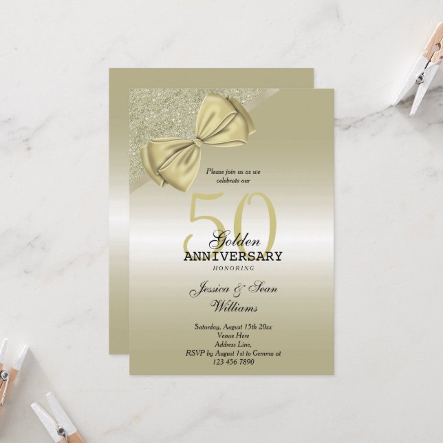 Romantic Gold Bow & Glitter 50th Wedding Invitation (Front/Back In Situ)