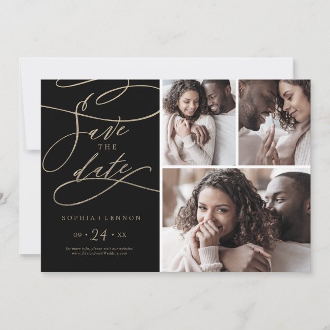 Romantic Gold Calligraphy | Black 3 Photo Collage Save The Date (Front)