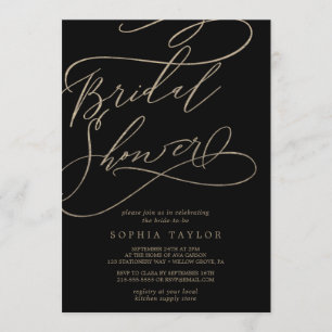 Romantic Gold Calligraphy Black Bridal Shower Invitation