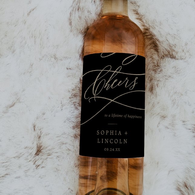 Romantic Gold Calligraphy | Black Cheers Wedding Wine Label (Creator Uploaded)