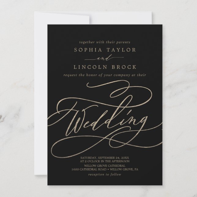 Romantic Gold Calligraphy | Black Flourish Wedding Invitation (Front)