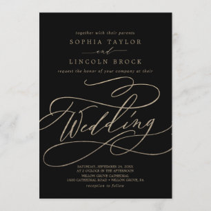 Romantic Gold Calligraphy Black Flourish Wedding Invitation