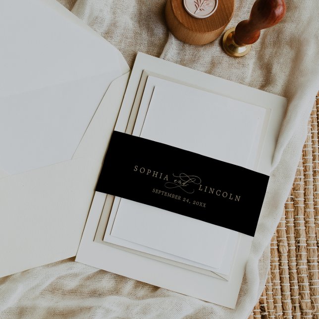 Romantic Gold Calligraphy | Black Flourish Wedding Invitation Belly Band (Creator Uploaded)