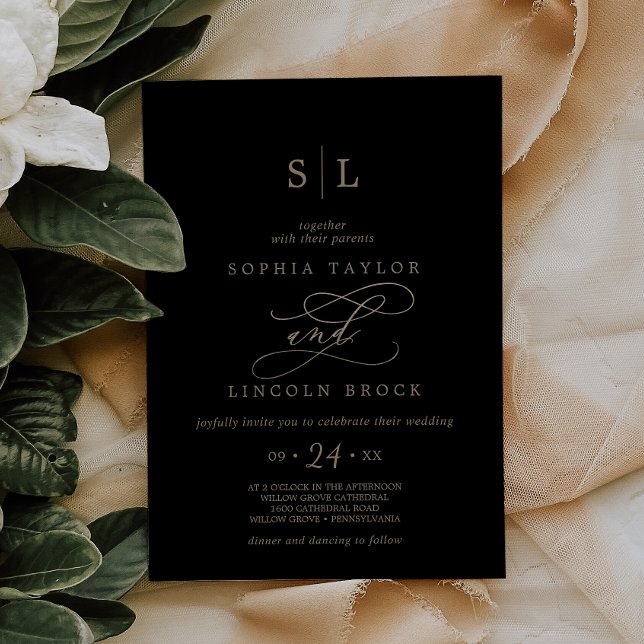 Romantic Gold Calligraphy | Black Monogram Wedding Invitation (Creator Uploaded)