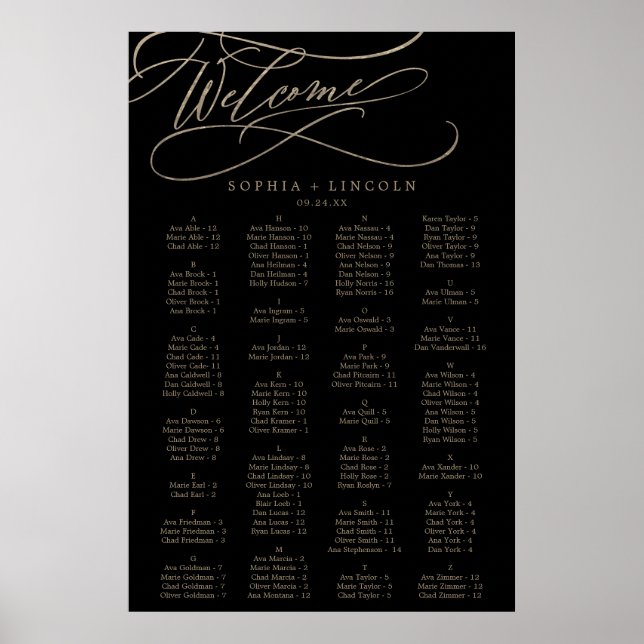 Romantic Gold Calligraphy | Black Seating Chart (Front)
