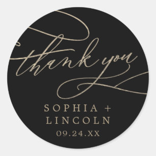 Romantic Gold Calligraphy   Black Thank You Favour Classic Round Sticker