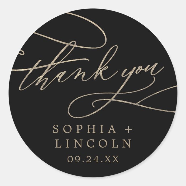 Romantic Gold Calligraphy | Black Thank You Favour Classic Round Sticker (Front)