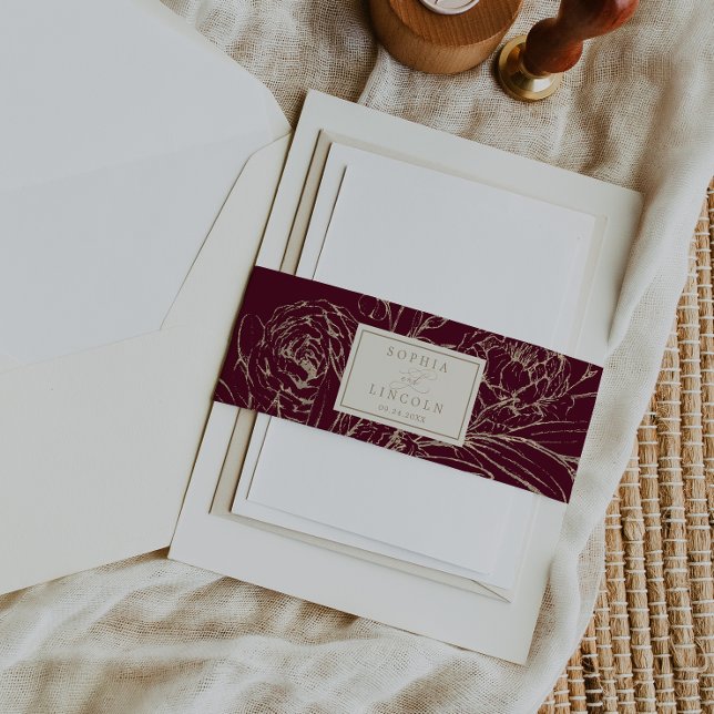 Romantic Gold Calligraphy Burgundy Floral Wedding Invitation Belly Band (Creator Uploaded)