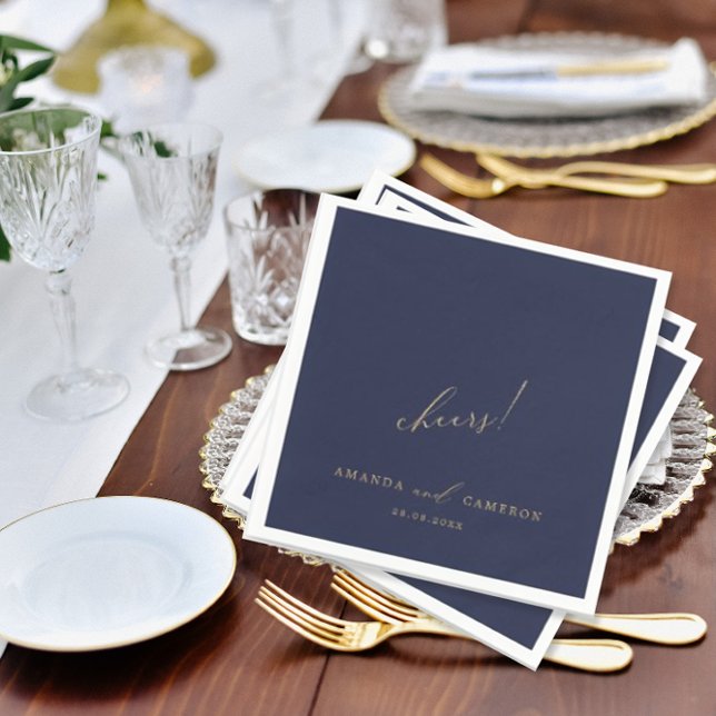 Romantic Gold Calligraphy "Cheers" Navy Blue  Napkin (Creator Uploaded)