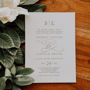 Romantic Gold Calligraphy Formal Monogram Wedding Invitation
