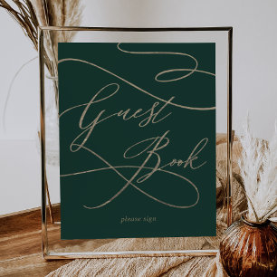 Romantic Gold Calligraphy   Green Guest Book Sign