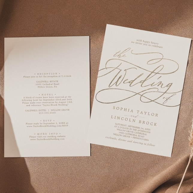 Romantic Gold Calligraphy Ivory All In One Wedding Invitation (Creator Uploaded)