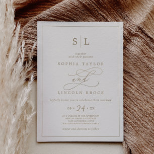 Romantic Gold Calligraphy Ivory Monogram Wedding Invitation
