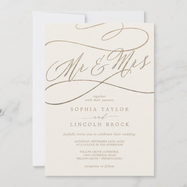 Romantic Gold Calligraphy | Ivory Mr & Mrs Wedding Invitation (Front)