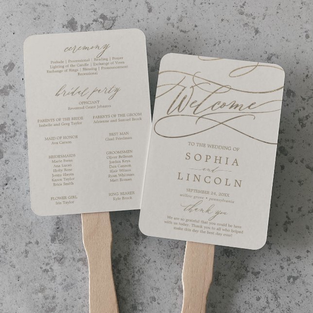 Romantic Gold Calligraphy | Ivory Wedding Program Hand Fan (Creator Uploaded)