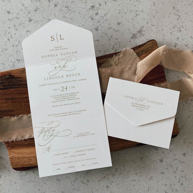 Romantic Gold Calligraphy Monogram Wedding All In One Invitation (Creator Uploaded)