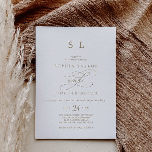 Romantic Gold Calligraphy Monogram Wedding Invitation