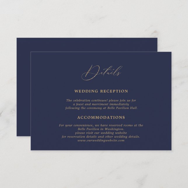 Romantic Gold Calligraphy Navy Blue Wedding Detail Enclosure Card (Front/Back)
