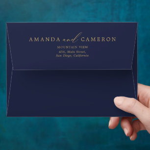 Romantic Gold Calligraphy Navy Blue Wedding Envelope