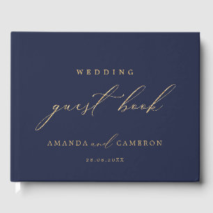 Romantic Gold Calligraphy Navy Blue Wedding Guest Book