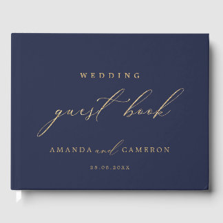 Romantic Gold Calligraphy Navy Blue Wedding Guest Book