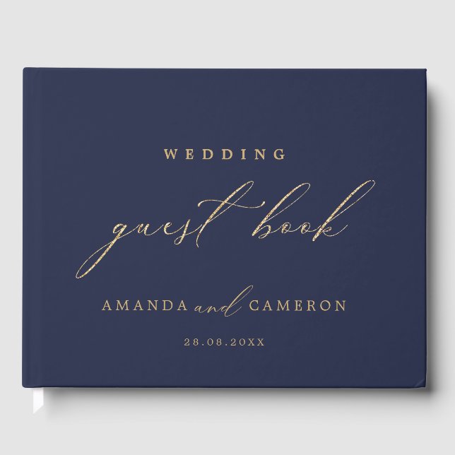 Romantic Gold Calligraphy Navy Blue Wedding Guest Book (Front)