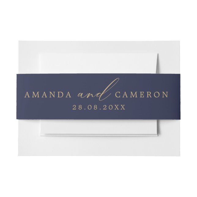 Romantic Gold Calligraphy Navy Blue Wedding  Invitation Belly Band (Front Example)