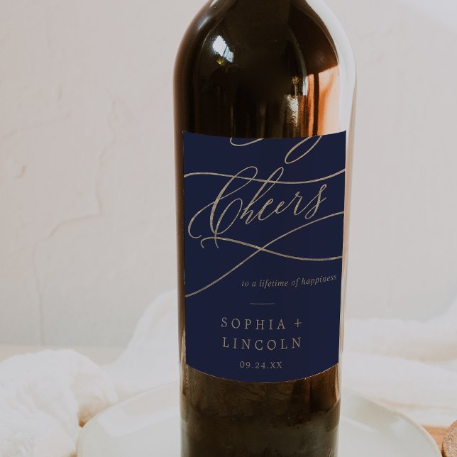Romantic Gold Calligraphy | Navy Cheers Wedding Wine Label (Creator Uploaded)