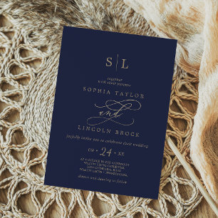 Romantic Gold Calligraphy   Navy Monogram Wedding Invitation