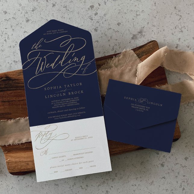 Romantic Gold Calligraphy | Navy The Wedding Of Al All In One Invitation (Creator Uploaded)