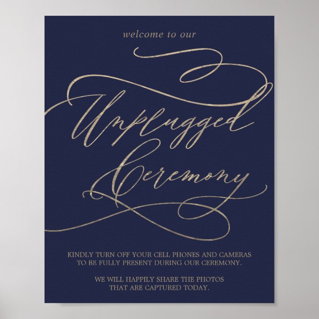 Romantic Gold Calligraphy Navy Unplugged Ceremony Poster (Front)