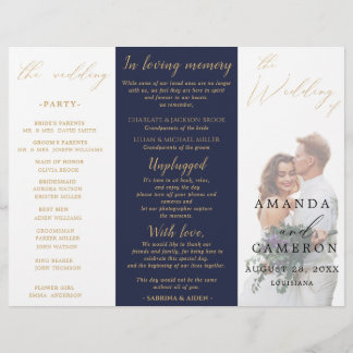 Romantic Gold Calligraphy Navy Wedding Program