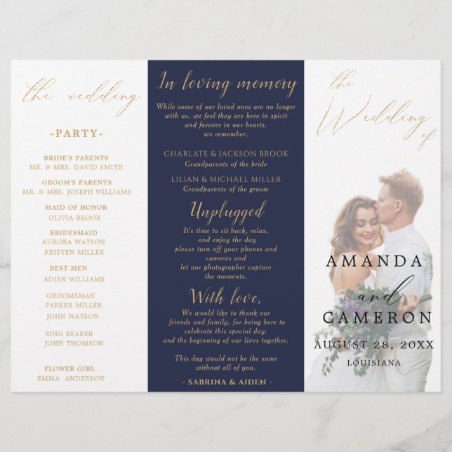 Romantic Gold Calligraphy Navy Wedding Program (Front)