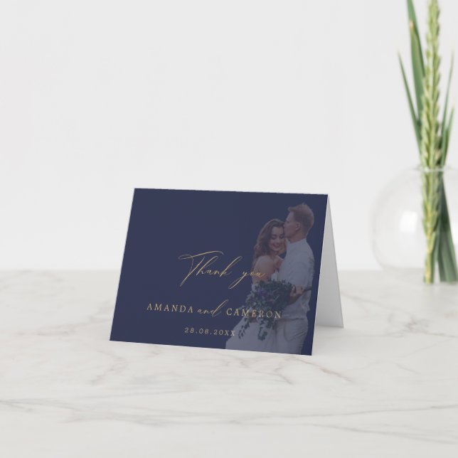 Romantic Gold Calligraphy Navy  Wedding Thank You Card (Front)