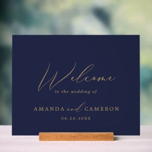 Romantic Gold Calligraphy Navy  Wedding Welcome  Acrylic Sign
