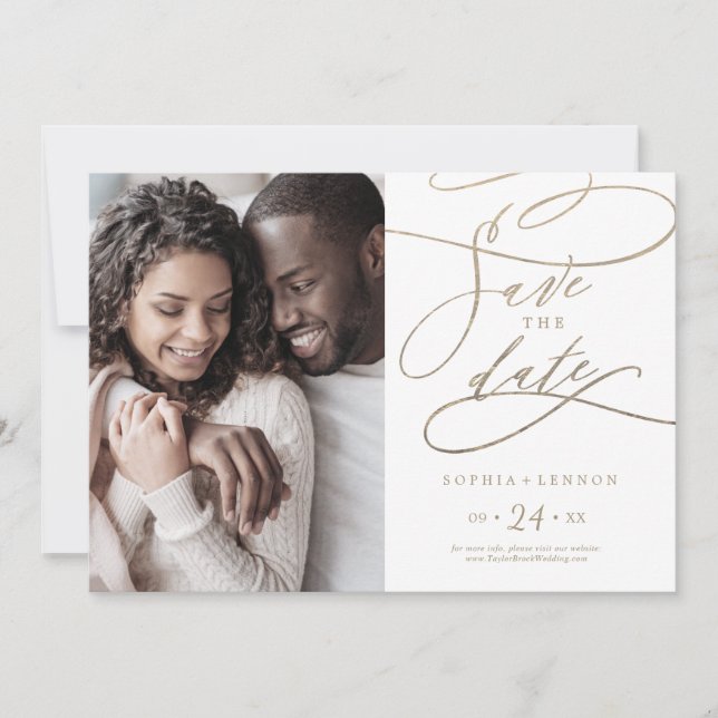 Romantic Gold Calligraphy Photo Save The Date (Front)