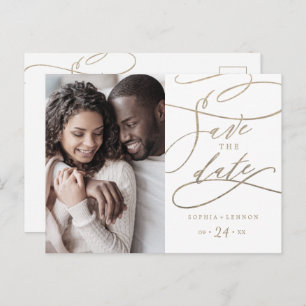 Romantic Gold Calligraphy Photo Save the Date Invitation Postcard