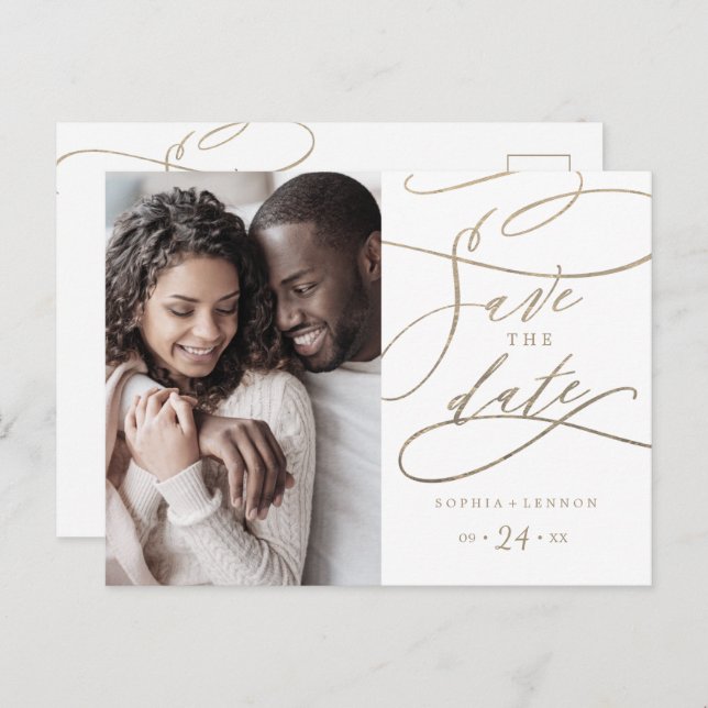 Romantic Gold Calligraphy Photo Save the Date Invitation Postcard (Front/Back)