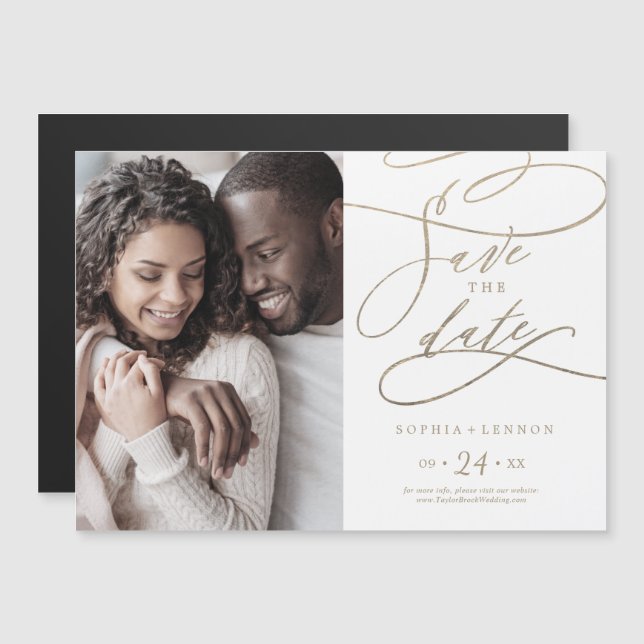 Romantic Gold Calligraphy Photo Save the Date Magnetic Invitation (Front/Back)