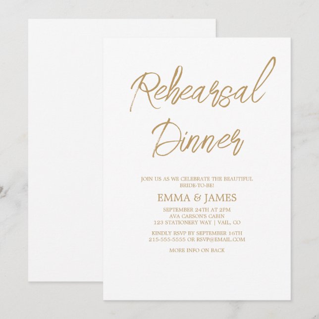 Romantic Gold Calligraphy Rehearsal Dinner  Invitation (Front/Back)