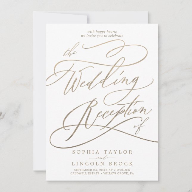 Romantic Gold Calligraphy Wedding Reception Invitation (Front)