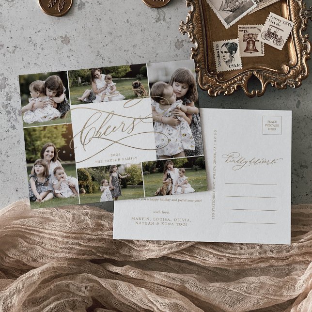 Romantic Gold Cheers New Years 6 Photo Family News Holiday Postcard (Creator Uploaded)
